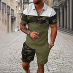 Ethnic Style men's short - sleeved suit, Fashionable T-shirt And Shorts 2 - piece set, Casual Zipper Polo shirt, Summer Loose Suit - VibraStore