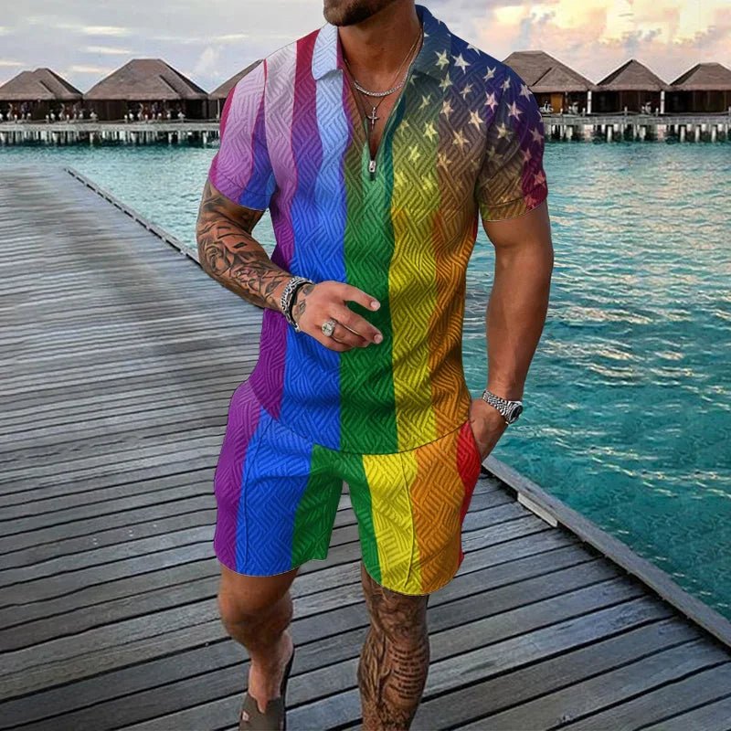 Ethnic Style men's short - sleeved suit, Fashionable T-shirt And Shorts 2 - piece set, Casual Zipper Polo shirt, Summer Loose Suit - VibraStore