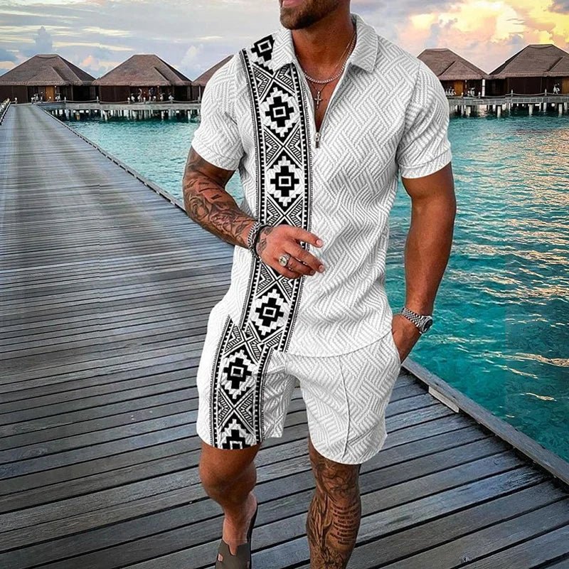 Ethnic Style men's short - sleeved suit, Fashionable T-shirt And Shorts 2 - piece set, Casual Zipper Polo shirt, Summer Loose Suit - VibraStore