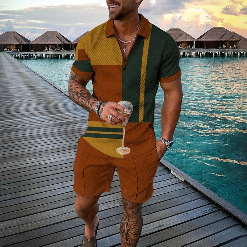 Ethnic Style men's short - sleeved suit, Fashionable T-shirt And Shorts 2 - piece set, Casual Zipper Polo shirt, Summer Loose Suit - VibraStore