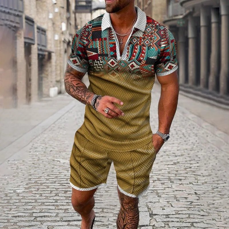Ethnic Style men's short - sleeved suit, Fashionable T-shirt And Shorts 2 - piece set, Casual Zipper Polo shirt, Summer Loose Suit - VibraStore