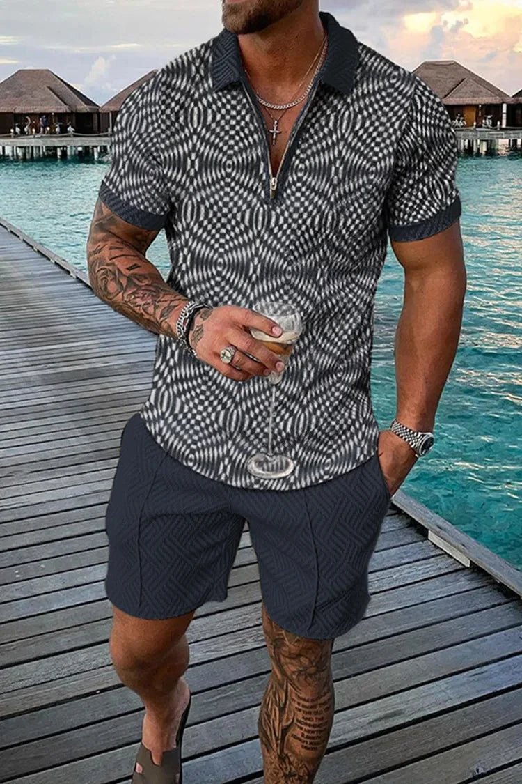 Ethnic Style men's short - sleeved suit, Fashionable T-shirt And Shorts 2 - piece set, Casual Zipper Polo shirt, Summer Loose Suit - VibraStore