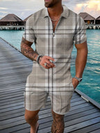 Ethnic Style men's short - sleeved suit, Fashionable T-shirt And Shorts 2 - piece set, Casual Zipper Polo shirt, Summer Loose Suit - VibraStore