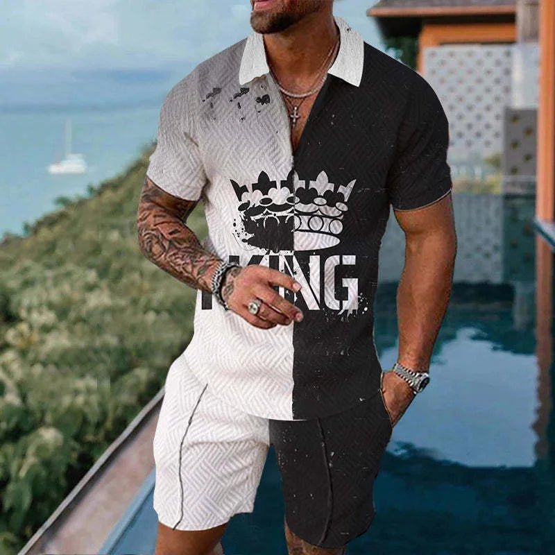 Ethnic Style men's short - sleeved suit, Fashionable T-shirt And Shorts 2 - piece set, Casual Zipper Polo shirt, Summer Loose Suit - VibraStore