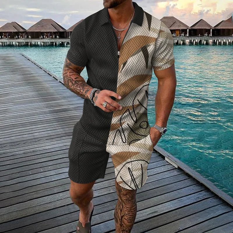 Ethnic Style men's short - sleeved suit, Fashionable T-shirt And Shorts 2 - piece set, Casual Zipper Polo shirt, Summer Loose Suit - VibraStore