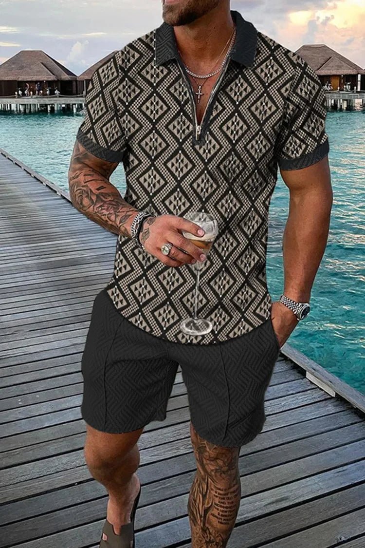 Ethnic Style men's short - sleeved suit, Fashionable T-shirt And Shorts 2 - piece set, Casual Zipper Polo shirt, Summer Loose Suit - VibraStore