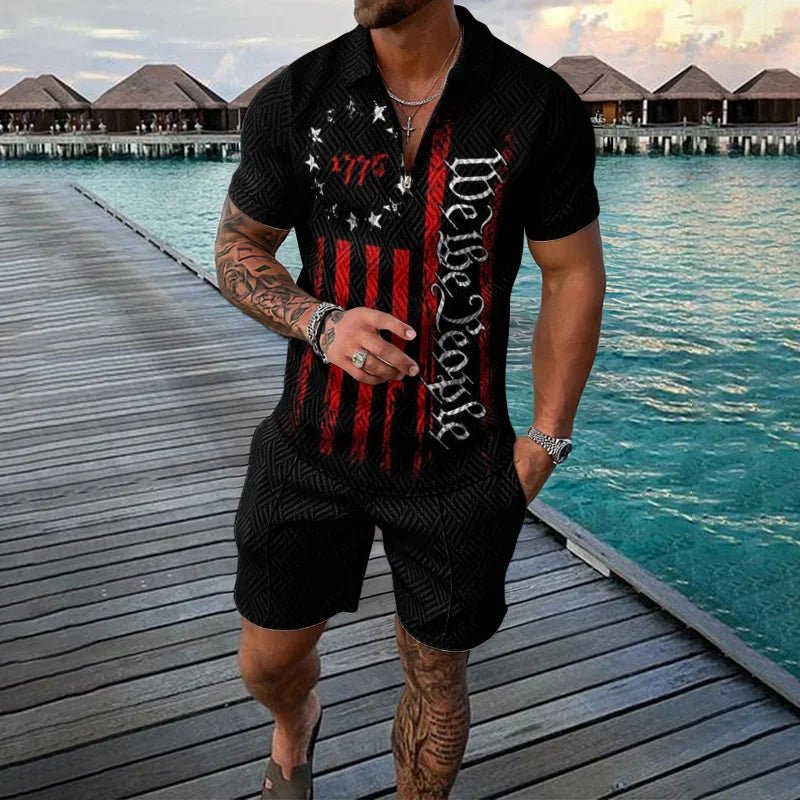 Ethnic Style men's short - sleeved suit, Fashionable T-shirt And Shorts 2 - piece set, Casual Zipper Polo shirt, Summer Loose Suit - VibraStore