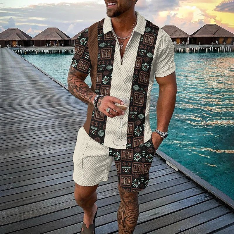 Ethnic Style men's short - sleeved suit, Fashionable T-shirt And Shorts 2 - piece set, Casual Zipper Polo shirt, Summer Loose Suit - VibraStore
