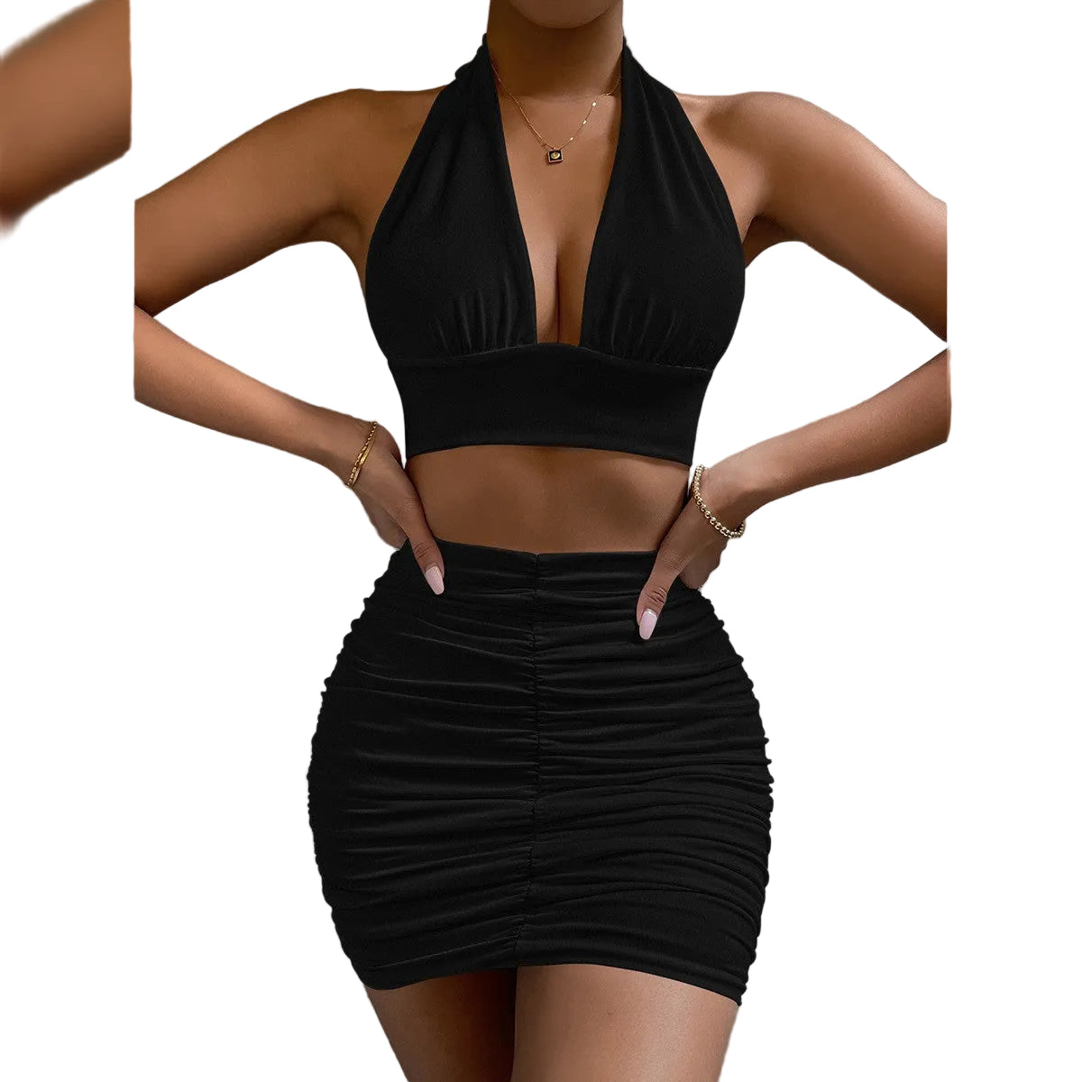 2pcs Dress Suits For Women Halter Lace-up Hip Top And Pleated Hip-covering Skirt