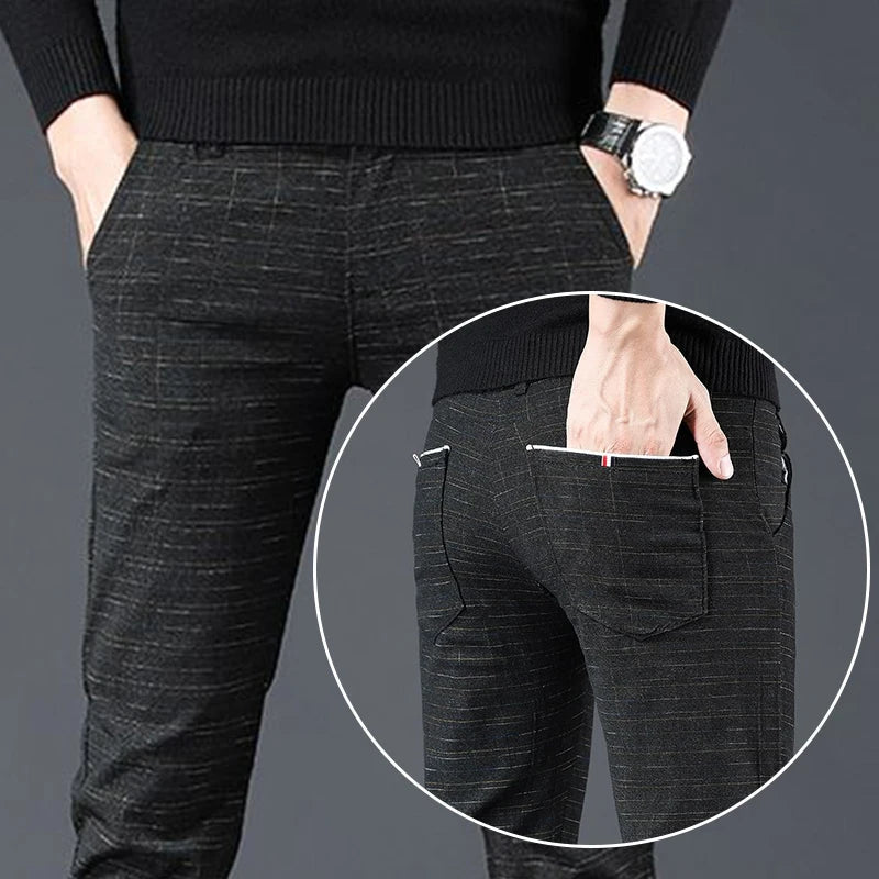Fashion Men Slight Strech Korean Style Suit Pants Male Slim Fit Loose Straight Blazer Pants Look Taller Casual Black Trousers - VibraStore
