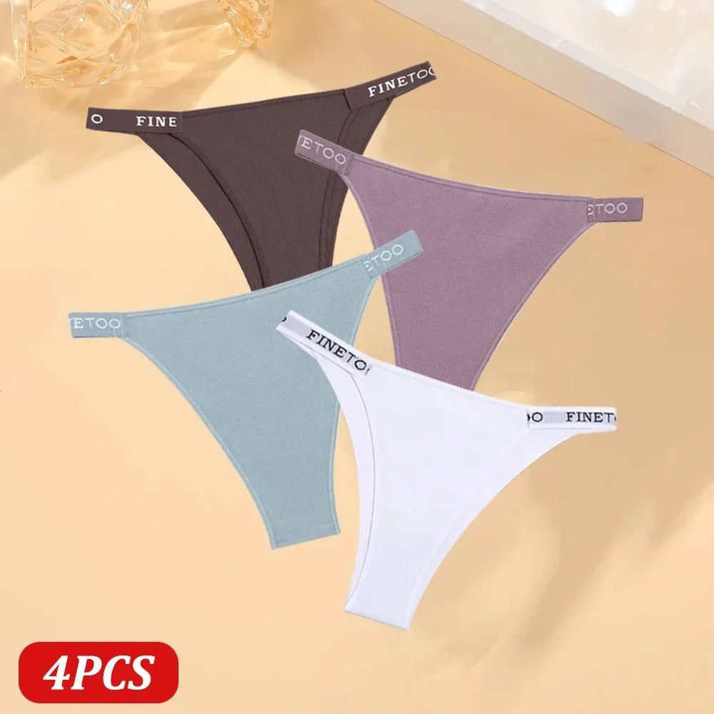 FINETOO 4 Uds bragas de algodón para mujer, pantalones brasileños sexis de cintura baja, bragas de Bikini de alta calidad de Color sólido, lencería cómoda - VibraStore