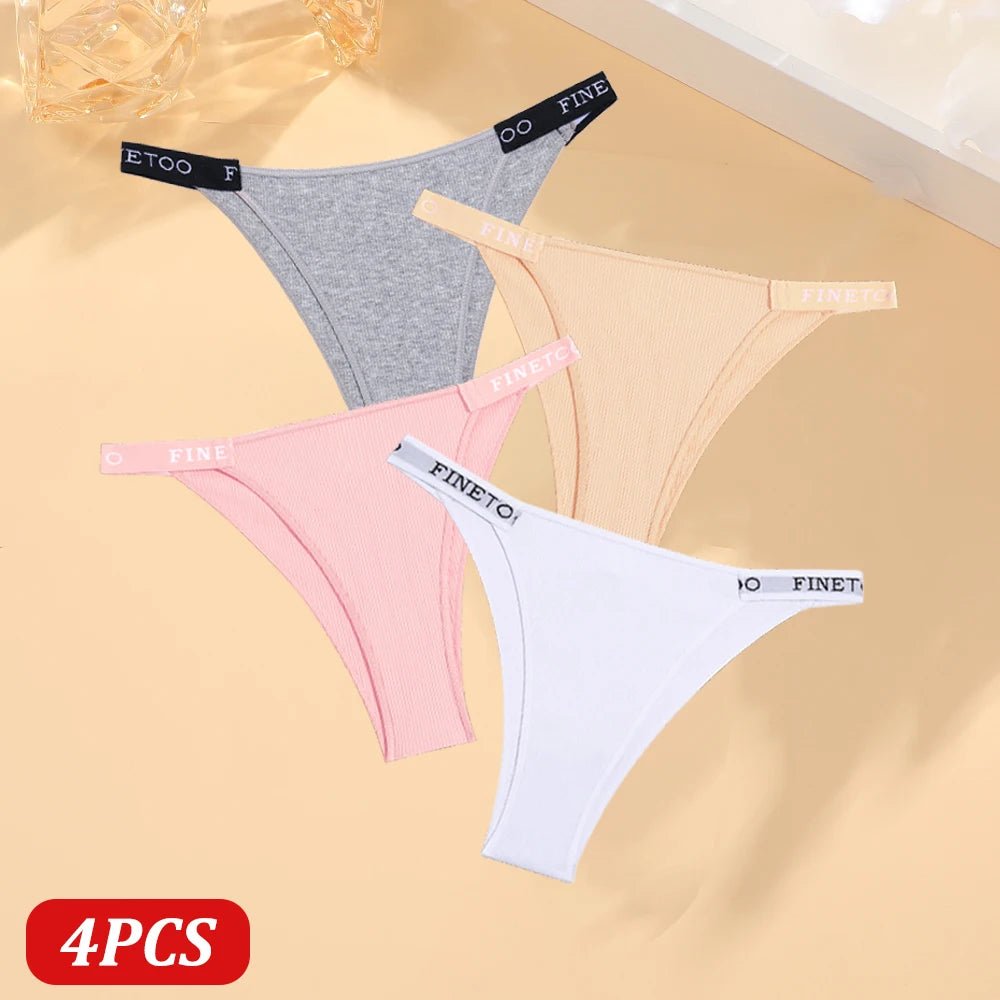 FINETOO 4 Uds bragas de algodón para mujer, pantalones brasileños sexis de cintura baja, bragas de Bikini de alta calidad de Color sólido, lencería cómoda - VibraStore