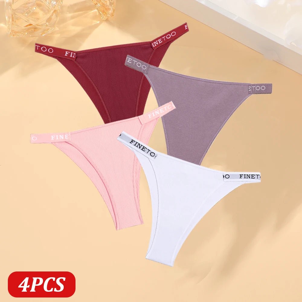 FINETOO 4 Uds bragas de algodón para mujer, pantalones brasileños sexis de cintura baja, bragas de Bikini de alta calidad de Color sólido, lencería cómoda - VibraStore