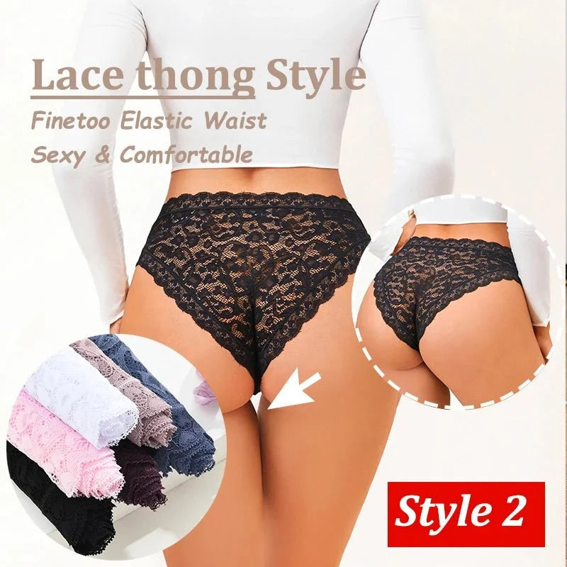 FINETOO 4 unids/set de ropa interior de encaje Sexy para mujer, calzoncillos sexis transparentes, bragas cómodas con adornos de encaje, entrepierna transpirable de algodón - VibraStore