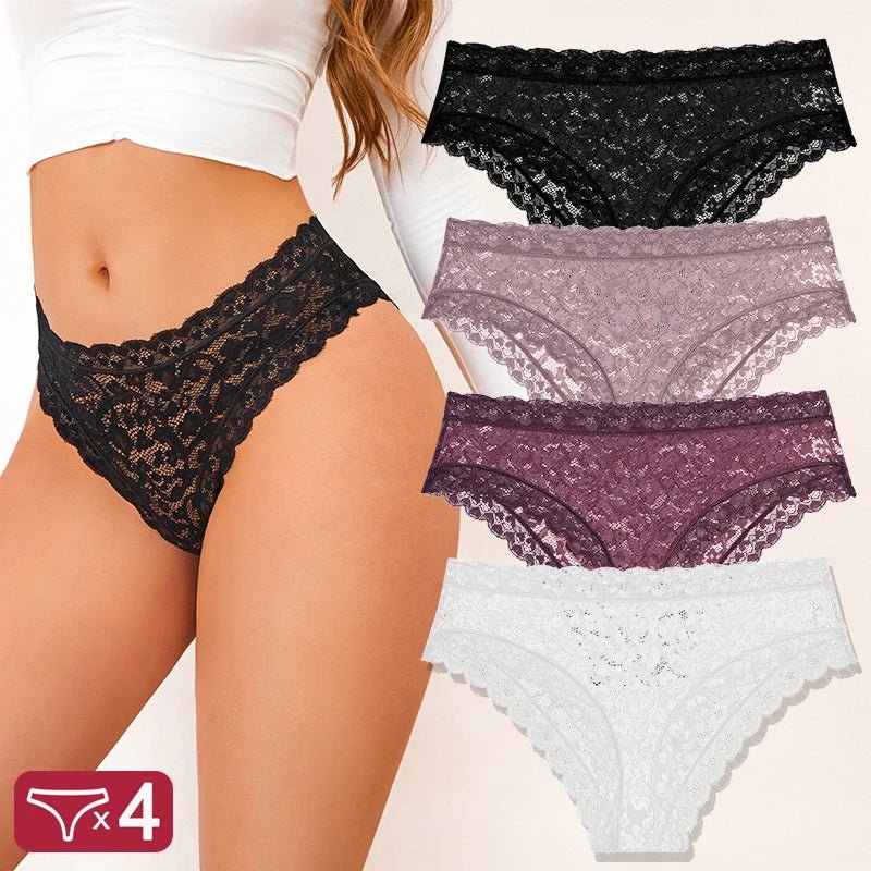 FINETOO 4 unids/set de ropa interior de encaje Sexy para mujer, calzoncillos sexis transparentes, bragas cómodas con adornos de encaje, entrepierna transpirable de algodón - VibraStore