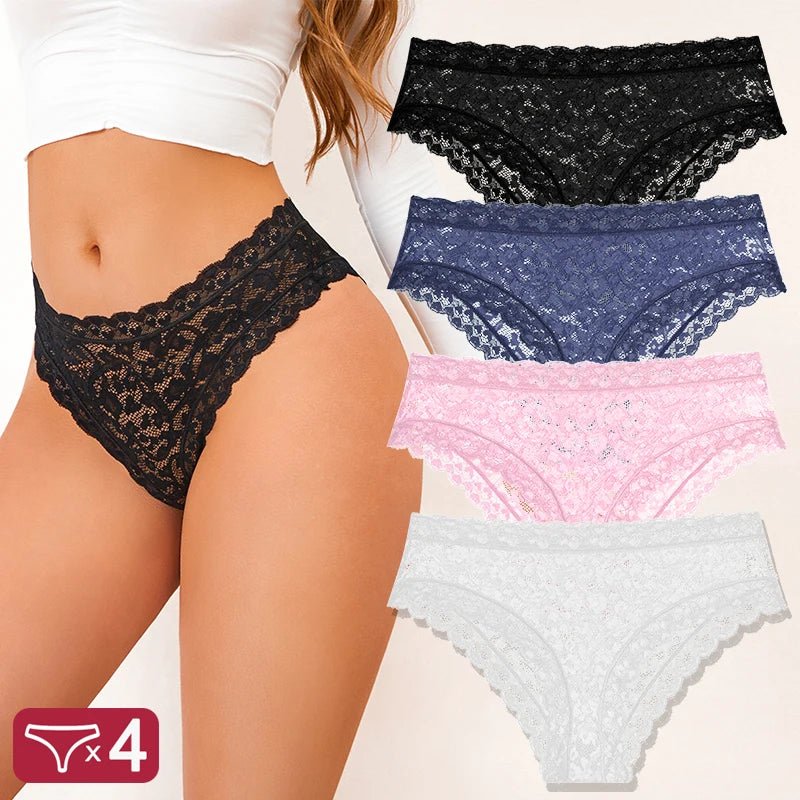 FINETOO 4 unids/set de ropa interior de encaje Sexy para mujer, calzoncillos sexis transparentes, bragas cómodas con adornos de encaje, entrepierna transpirable de algodón - VibraStore