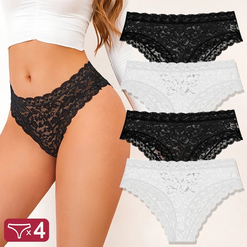FINETOO 4 unids/set de ropa interior de encaje Sexy para mujer, calzoncillos sexis transparentes, bragas cómodas con adornos de encaje, entrepierna transpirable de algodón - VibraStore