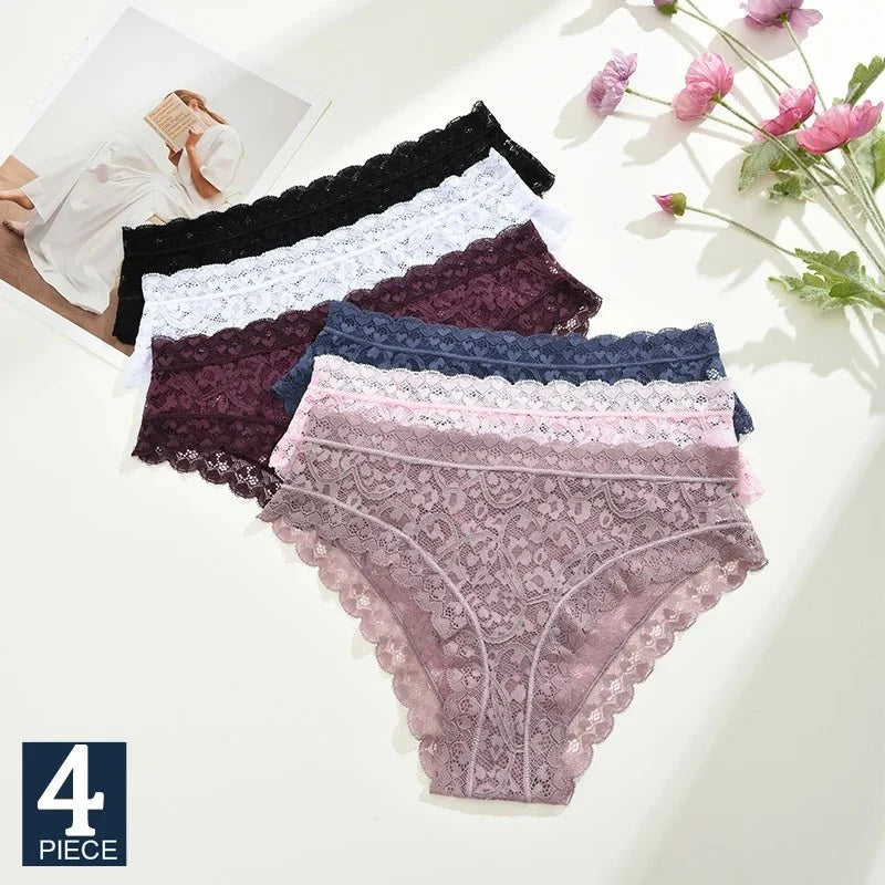 FINETOO 4 unids/set de ropa interior de encaje Sexy para mujer, calzoncillos sexis transparentes, bragas cómodas con adornos de encaje, entrepierna transpirable de algodón - VibraStore