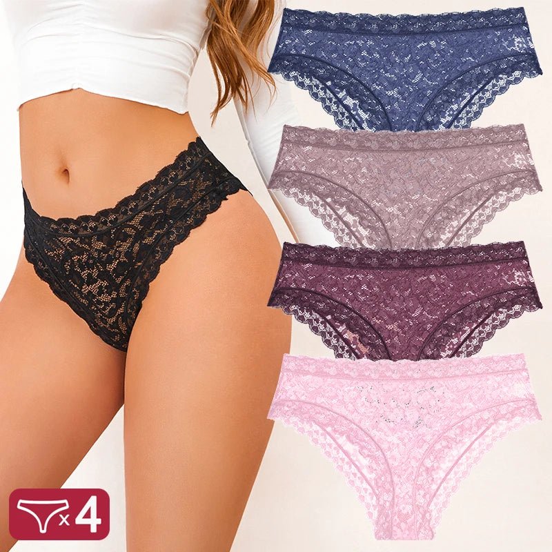 FINETOO 4 unids/set de ropa interior de encaje Sexy para mujer, calzoncillos sexis transparentes, bragas cómodas con adornos de encaje, entrepierna transpirable de algodón - VibraStore