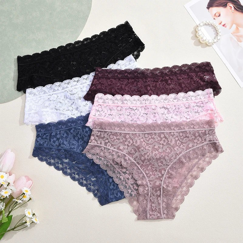 FINETOO 4 unids/set de ropa interior de encaje Sexy para mujer, calzoncillos sexis transparentes, bragas cómodas con adornos de encaje, entrepierna transpirable de algodón - VibraStore