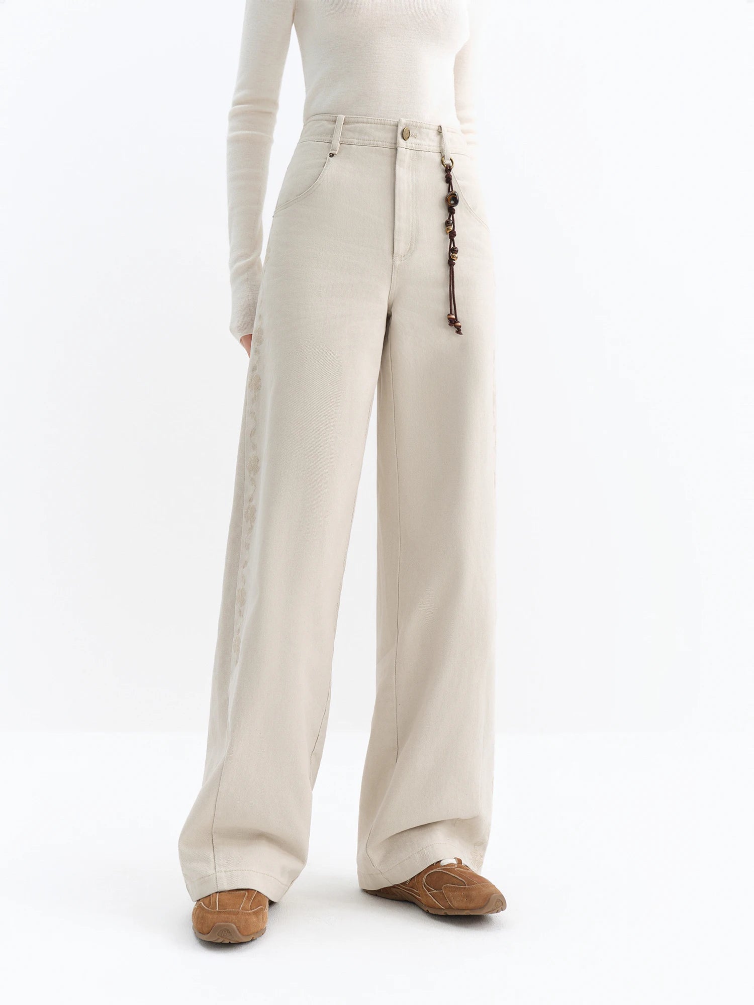 FSLE 2025 Winter Women's Vintage Washed Embroidered Banana Jeans Curved High Waist Wide Leg Trousers Slim Fit Retro Pants - VibraStore