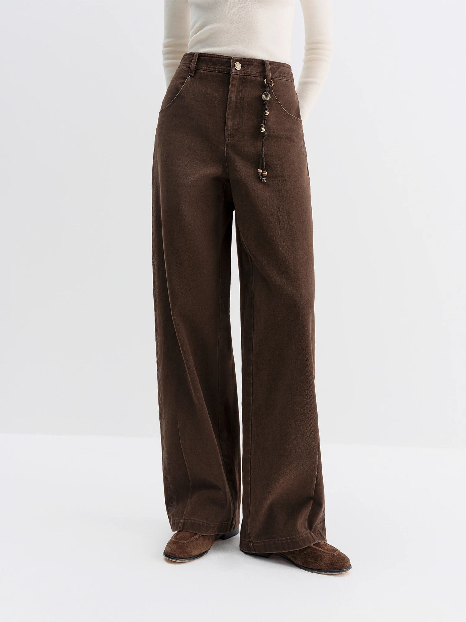 FSLE 2025 Winter Women's Vintage Washed Embroidered Banana Jeans Curved High Waist Wide Leg Trousers Slim Fit Retro Pants - VibraStore