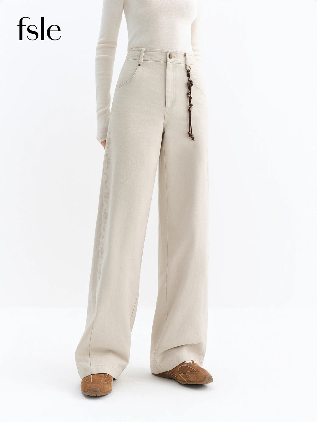 FSLE 2025 Winter Women's Vintage Washed Embroidered Banana Jeans Curved High Waist Wide Leg Trousers Slim Fit Retro Pants - VibraStore