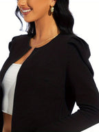 Gigot Sleeve Open Front Crop Jacket, Solid Casual Short Jacket, Women's Clothing - VibraStore