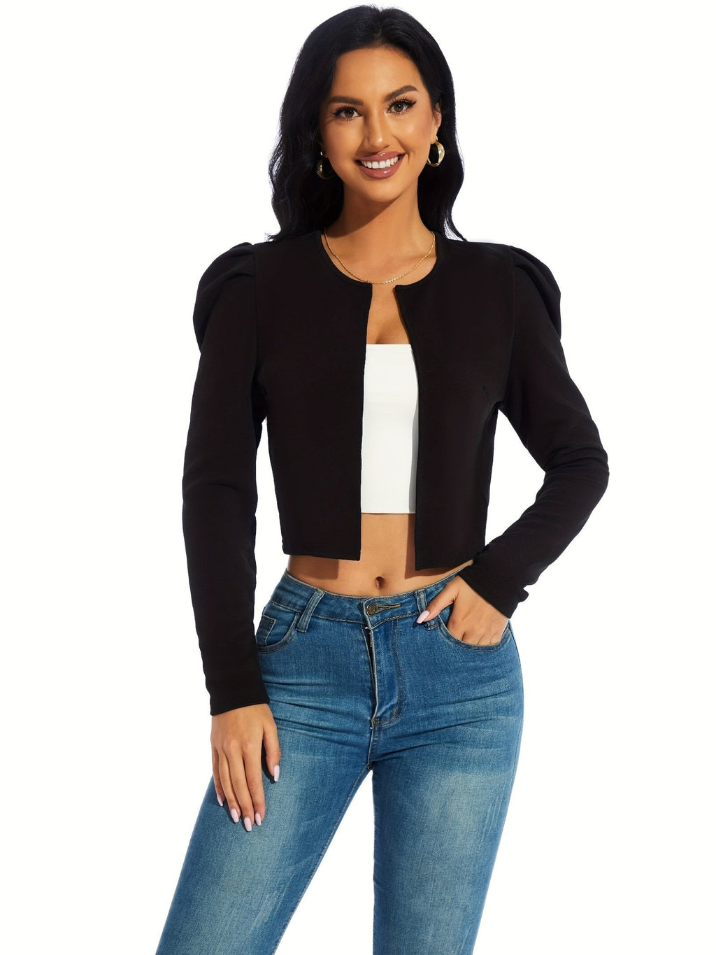 Gigot Sleeve Open Front Crop Jacket, Solid Casual Short Jacket, Women's Clothing - VibraStore