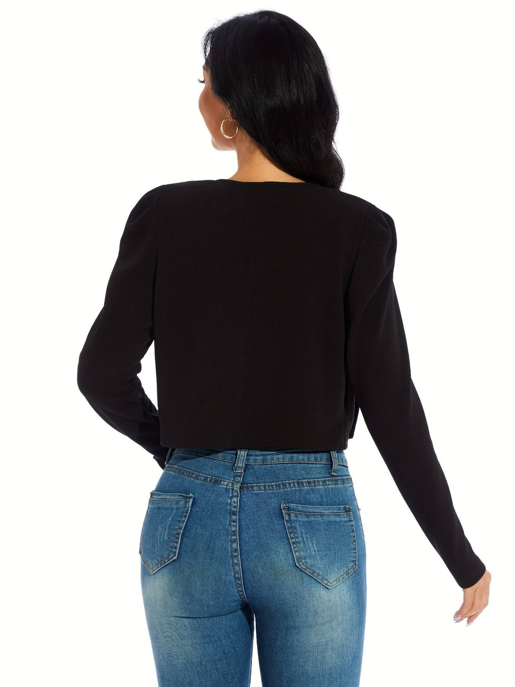 Gigot Sleeve Open Front Crop Jacket, Solid Casual Short Jacket, Women's Clothing - VibraStore