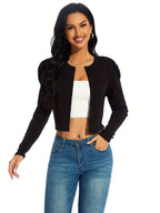 Gigot Sleeve Open Front Crop Jacket, Solid Casual Short Jacket, Women's Clothing - VibraStore