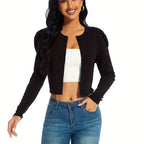 Gigot Sleeve Open Front Crop Jacket, Solid Casual Short Jacket, Women's Clothing - VibraStore