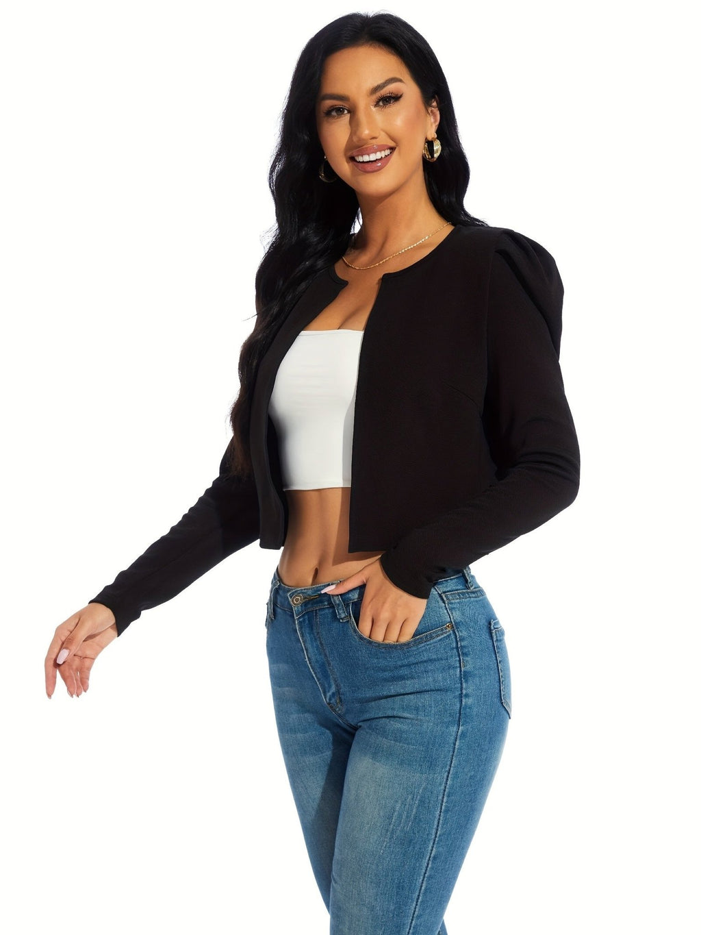 Gigot Sleeve Open Front Crop Jacket, Solid Casual Short Jacket, Women's Clothing - VibraStore