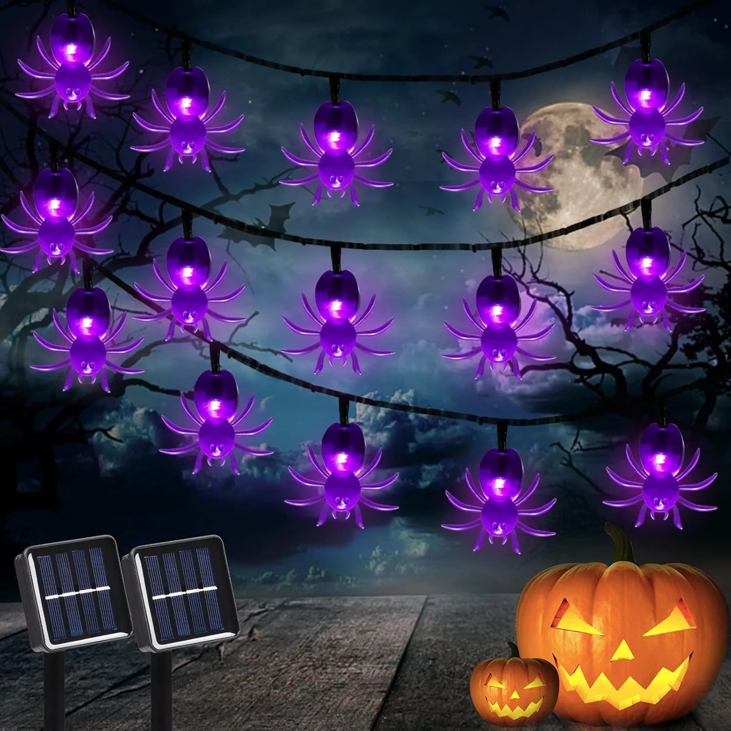 Guirnalda de luces LED araña Halloween: 20/30 modos, energía solar, decoración para hogar y jardín - VibraStore