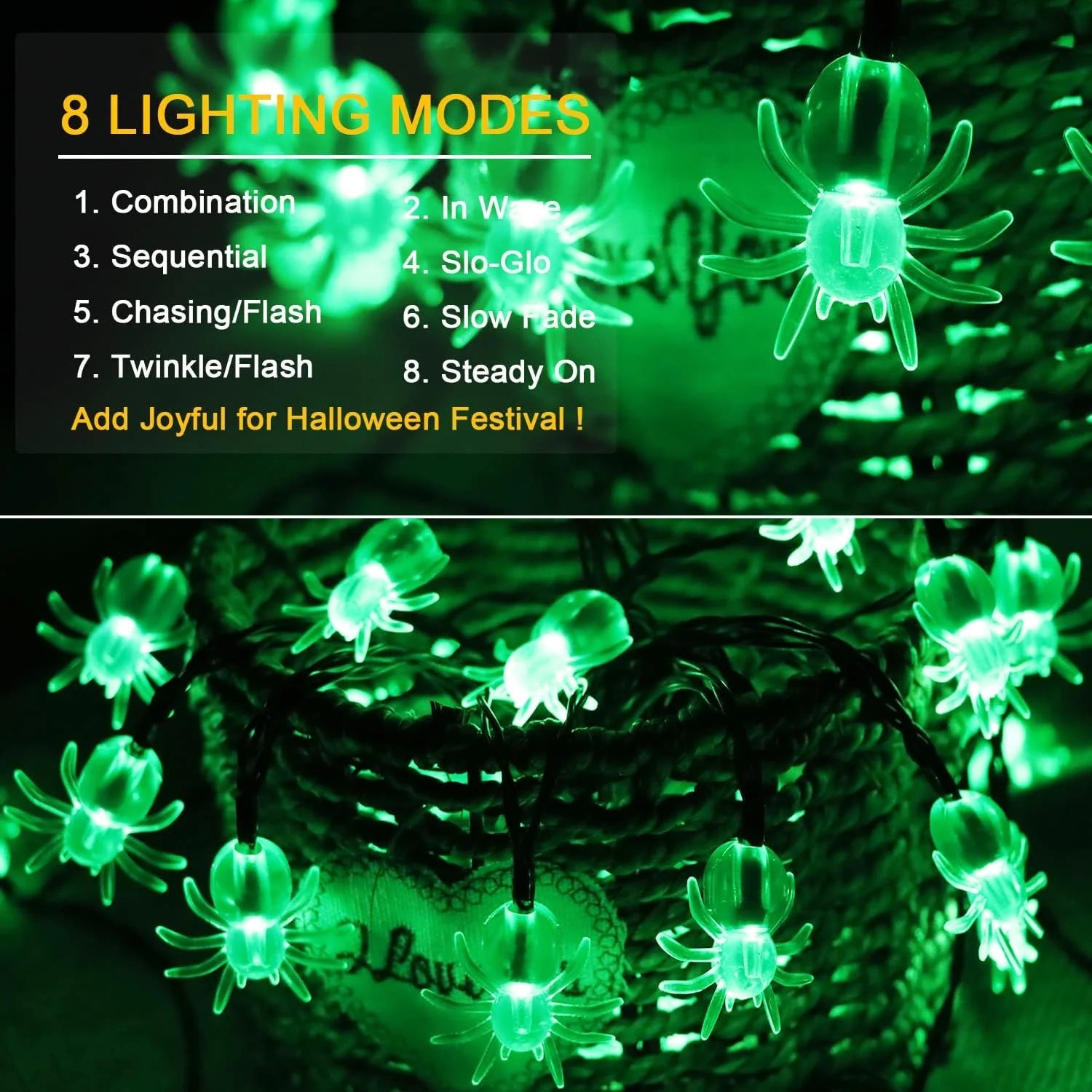 Guirnalda de luces LED araña Halloween: 20/30 modos, energía solar, decoración para hogar y jardín - VibraStore