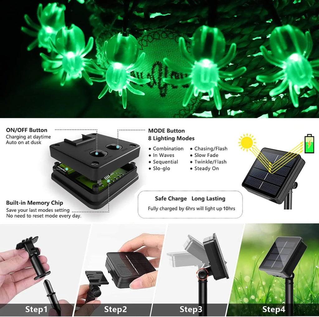 Guirnalda de luces LED araña Halloween: 20/30 modos, energía solar, decoración para hogar y jardín - VibraStore