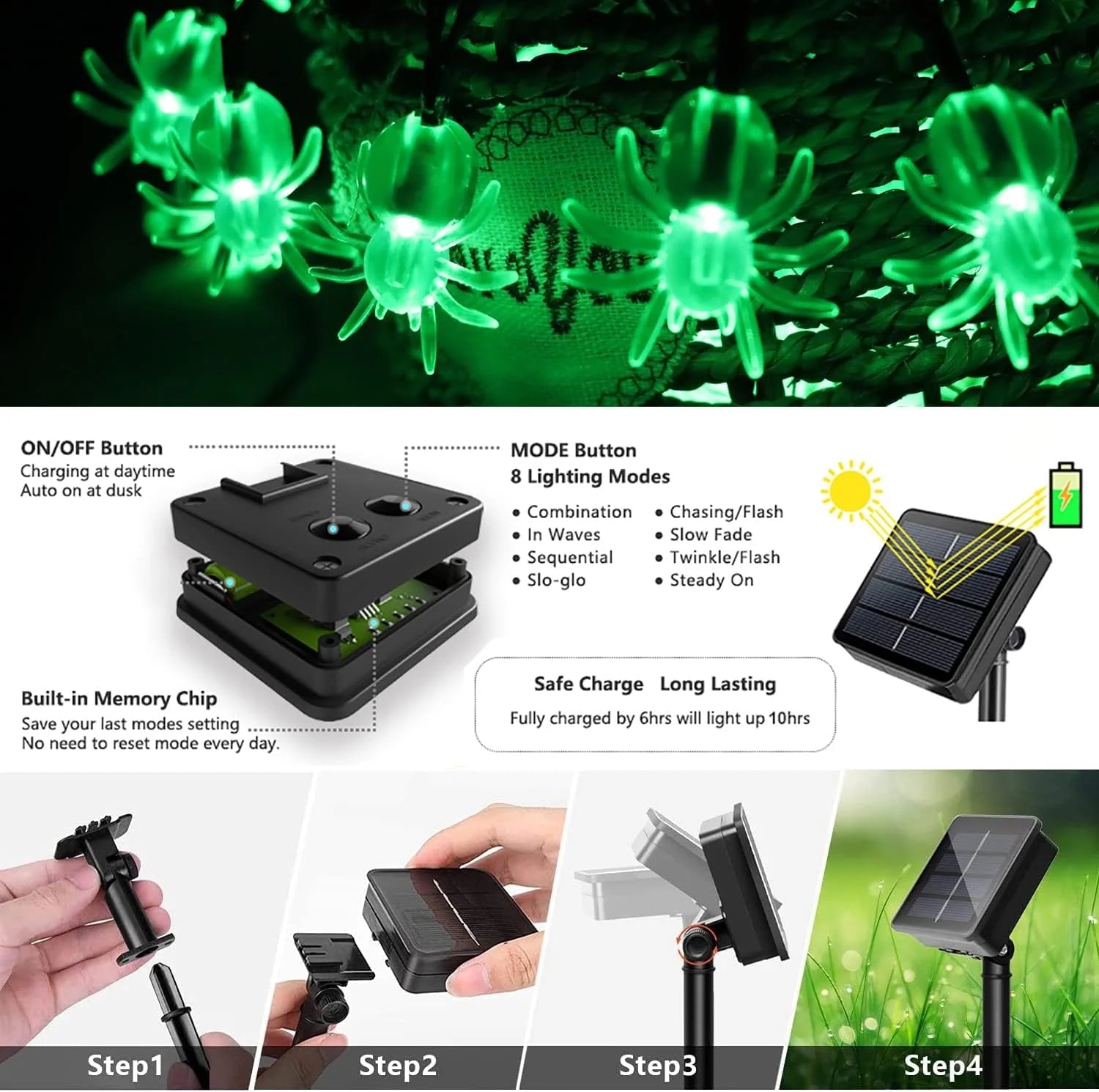 Guirnalda de luces LED araña Halloween: 20/30 modos, energía solar, decoración para hogar y jardín - VibraStore