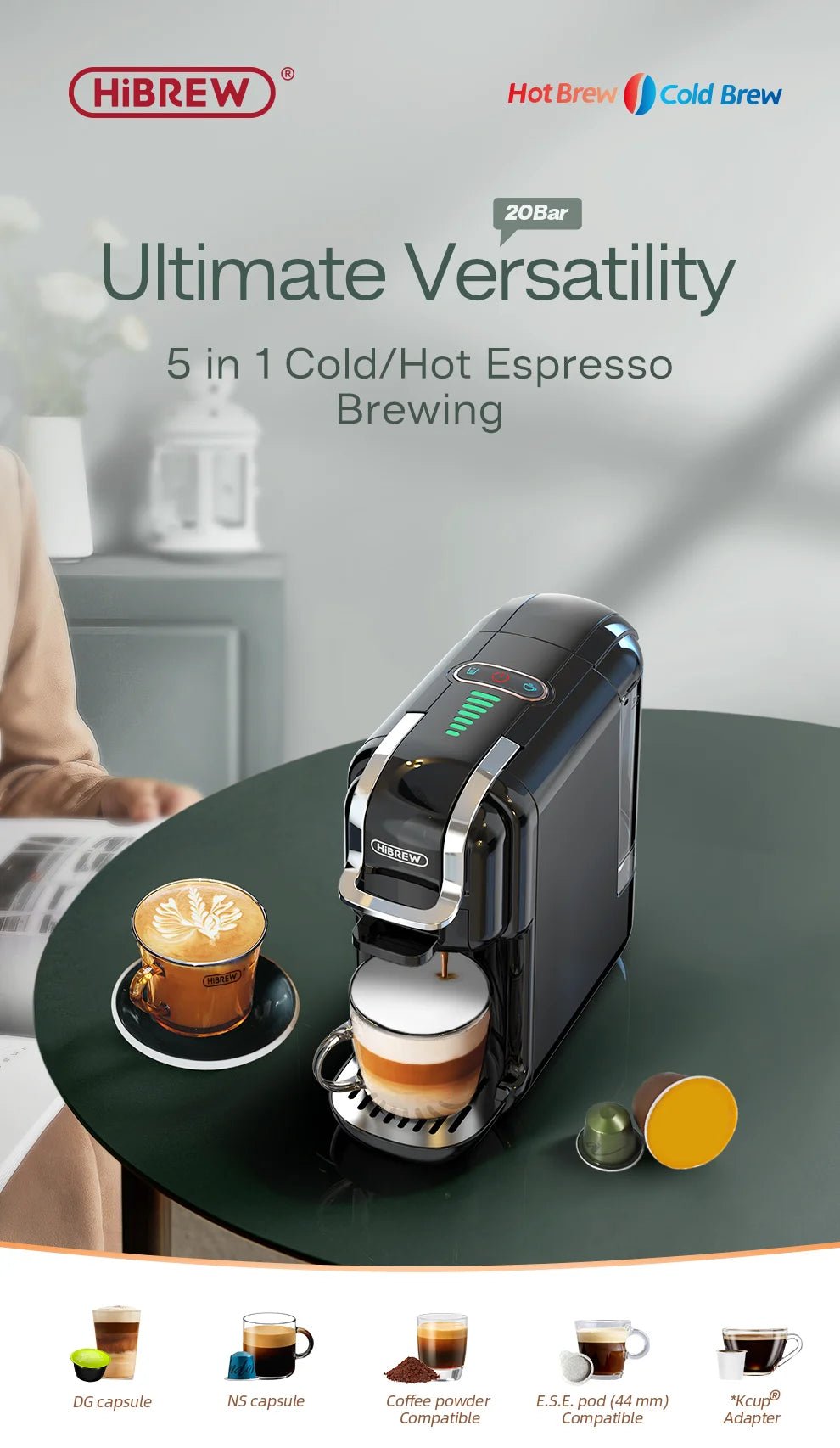 HiBREW Multiple Capsule Coffee Machine, Hot/Cold Dolce Gusto Milk Nespresso Capsule ESE Pod Ground Coffee Cafeteria 20Bar 5 in 1 - VibraStore