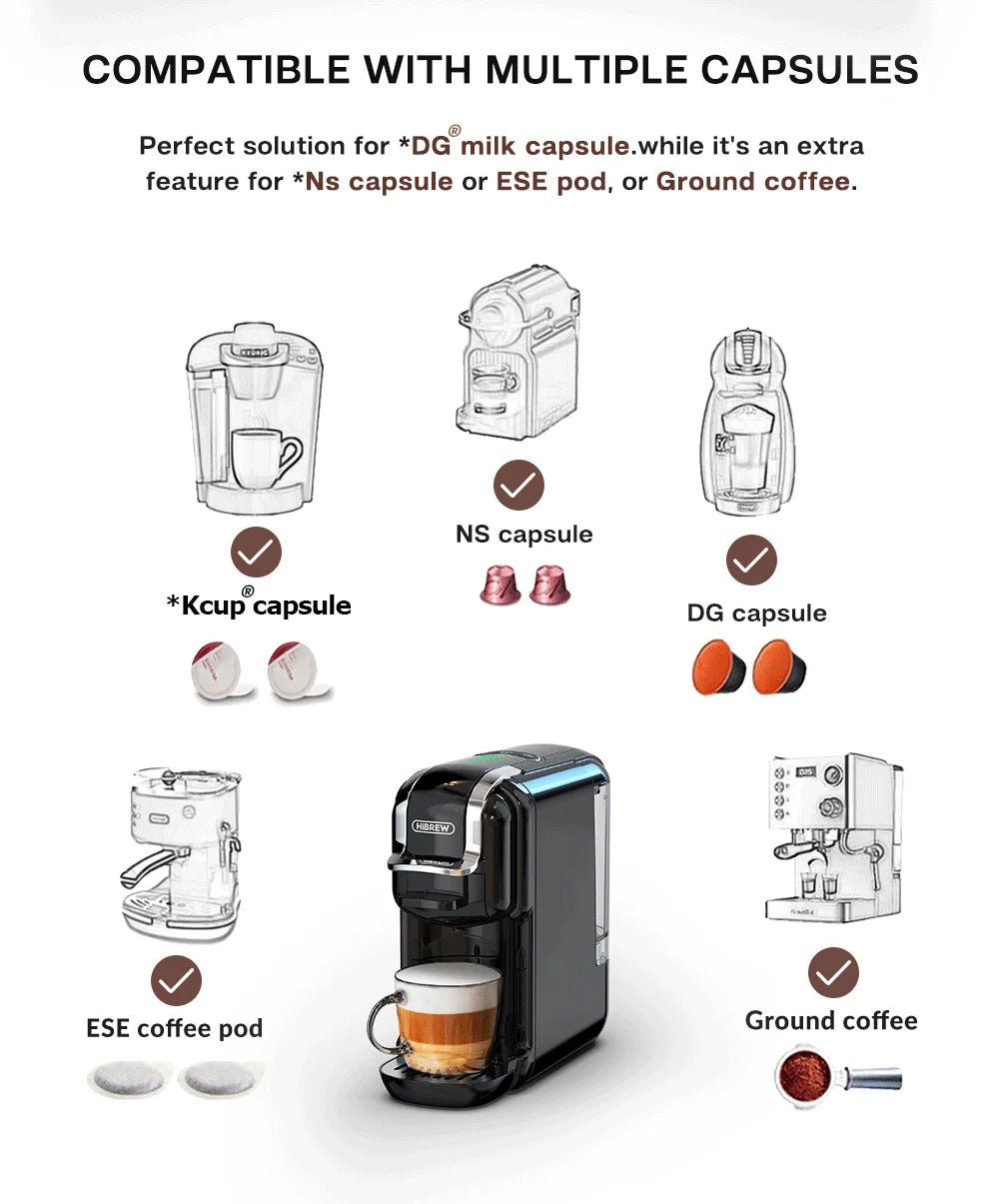 HiBREW Multiple Capsule Coffee Machine, Hot/Cold Dolce Gusto Milk Nespresso Capsule ESE Pod Ground Coffee Cafeteria 20Bar 5 in 1 - VibraStore