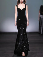 HIGH STREET Newest Fashion 2025 Designer Maxi Dresses Women's Beaded Spaghetti Velvet Long Dress - VibraStore