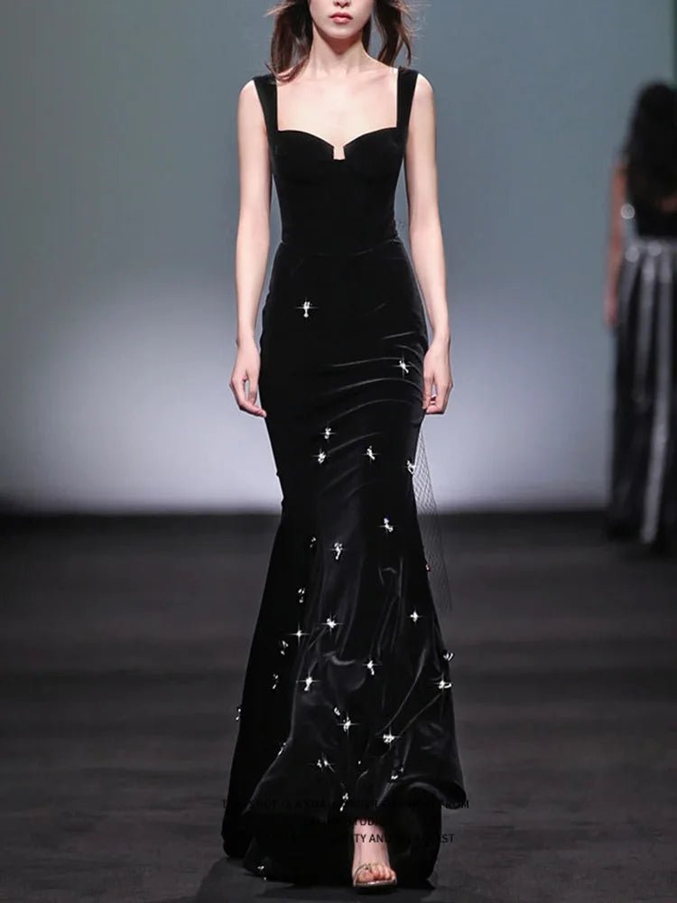 HIGH STREET Newest Fashion 2025 Designer Maxi Dresses Women's Beaded Spaghetti Velvet Long Dress - VibraStore