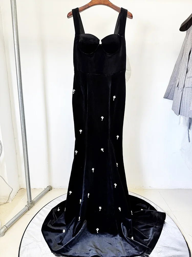 HIGH STREET Newest Fashion 2025 Designer Maxi Dresses Women's Beaded Spaghetti Velvet Long Dress - VibraStore
