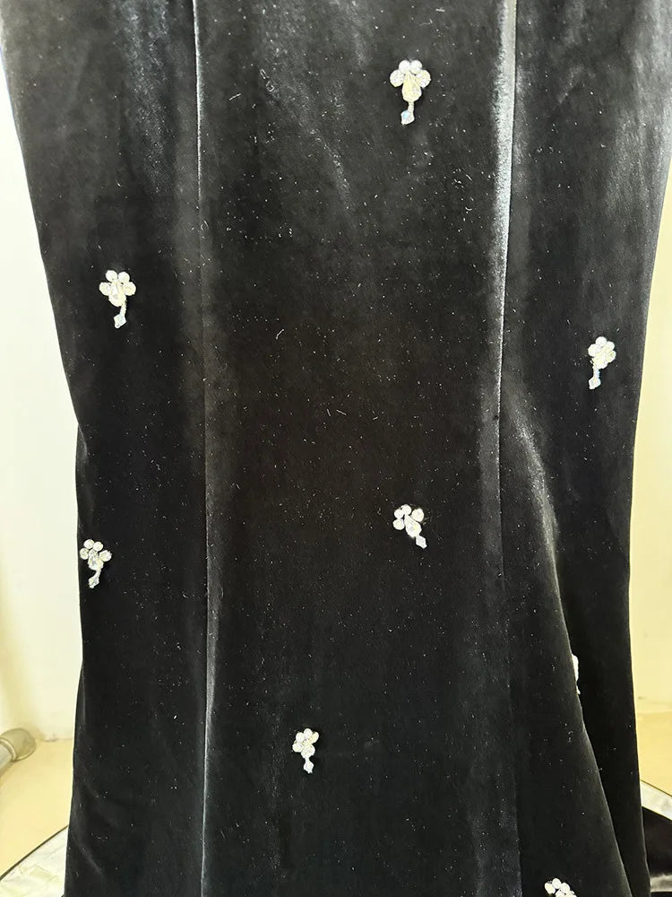 HIGH STREET Newest Fashion 2025 Designer Maxi Dresses Women's Beaded Spaghetti Velvet Long Dress - VibraStore