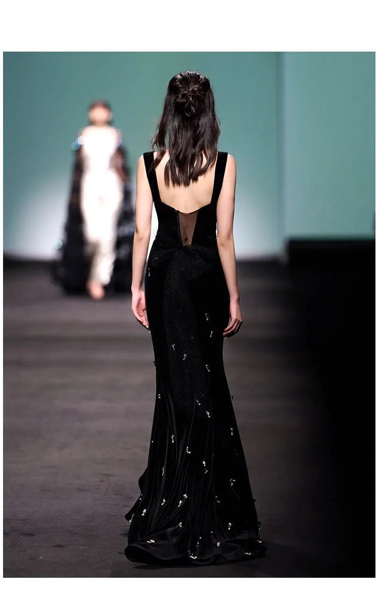 HIGH STREET Newest Fashion 2025 Designer Maxi Dresses Women's Beaded Spaghetti Velvet Long Dress - VibraStore