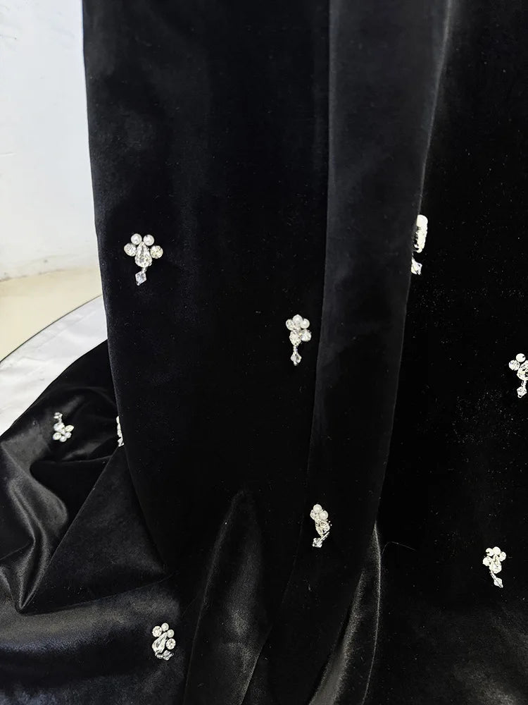 HIGH STREET Newest Fashion 2025 Designer Maxi Dresses Women's Beaded Spaghetti Velvet Long Dress - VibraStore