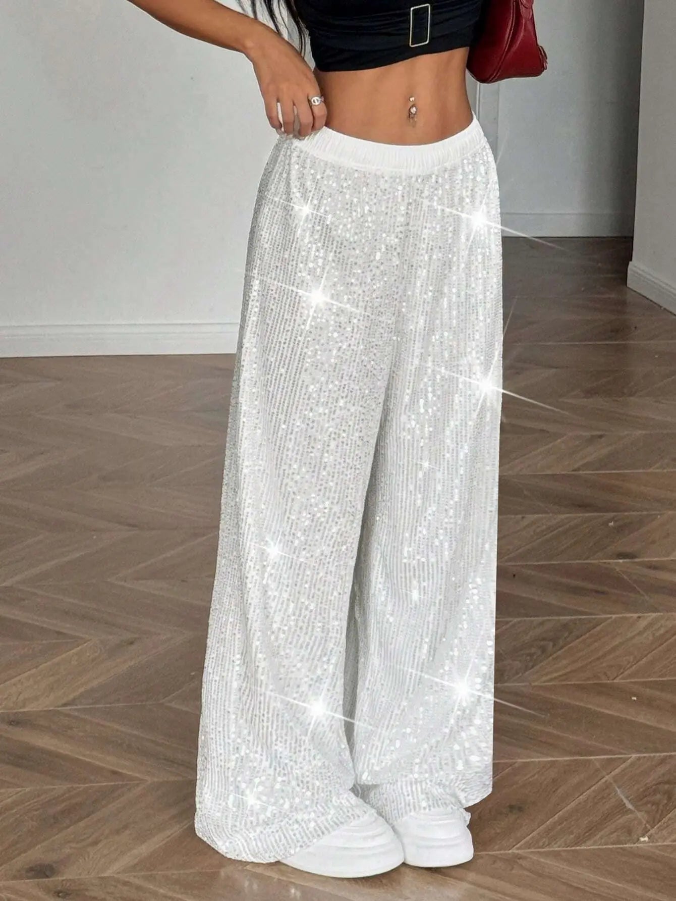 High Waist Shiny Sequin Loose Drapey Wide Leg Casual Pants Fashionable Summer Women's Trousers Street Style Polyester Fiber - VibraStore