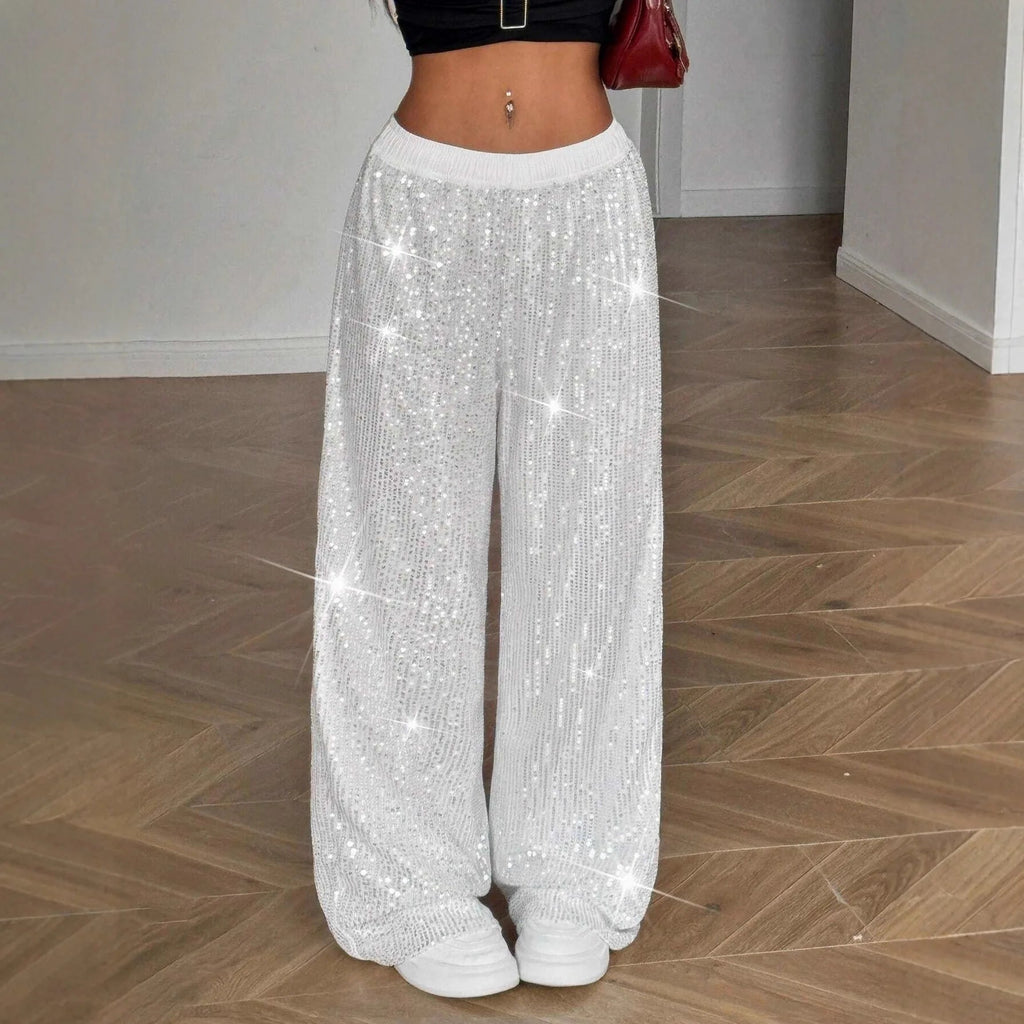 High Waist Shiny Sequin Loose Drapey Wide Leg Casual Pants Fashionable Summer Women's Trousers Street Style Polyester Fiber - VibraStore