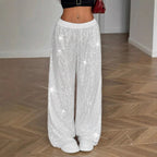 High Waist Shiny Sequin Loose Drapey Wide Leg Casual Pants Fashionable Summer Women's Trousers Street Style Polyester Fiber - VibraStore