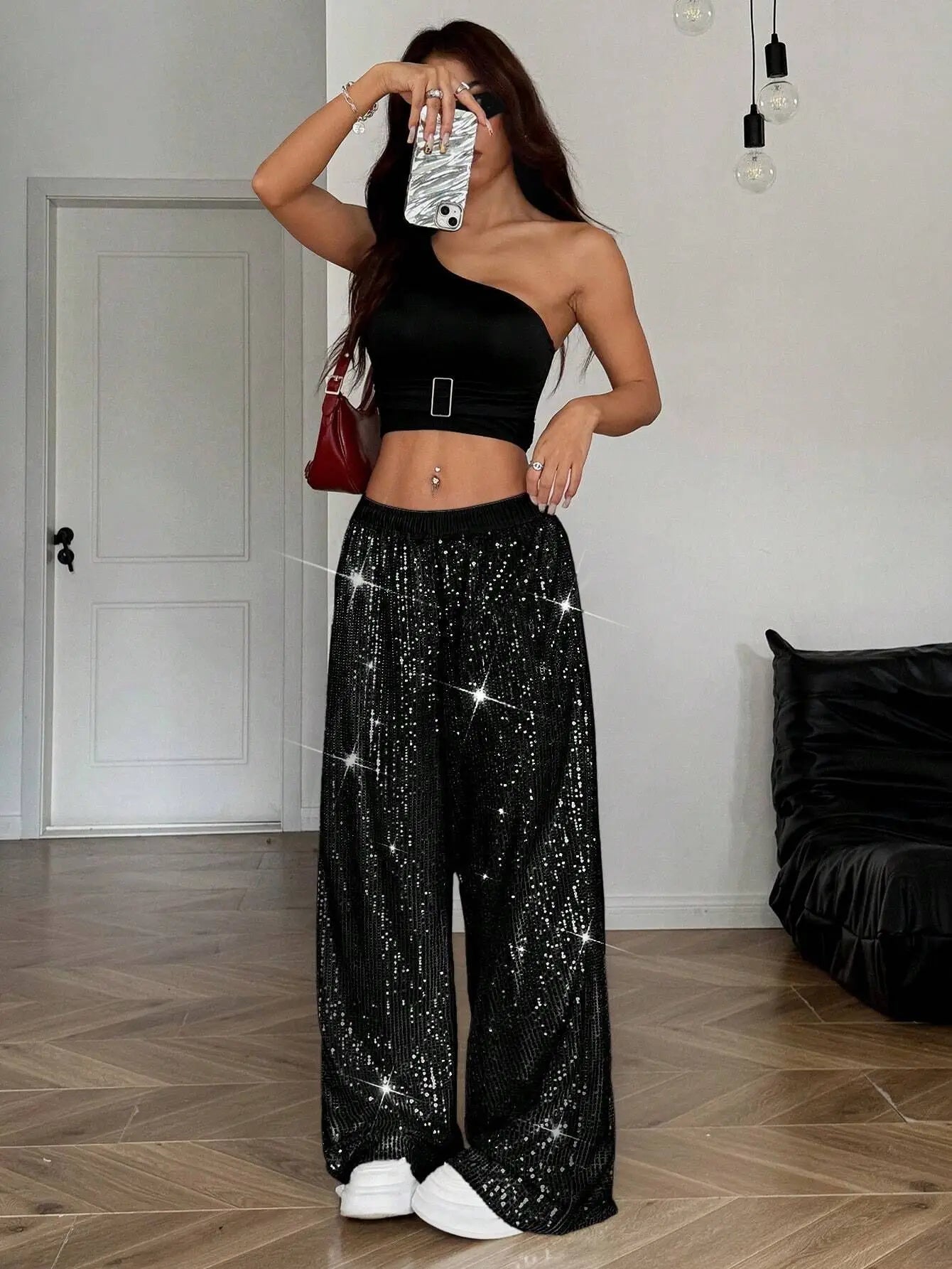 High Waist Shiny Sequin Loose Drapey Wide Leg Casual Pants Fashionable Summer Women's Trousers Street Style Polyester Fiber - VibraStore