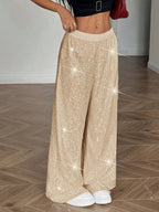 High Waist Shiny Sequin Loose Drapey Wide Leg Casual Pants Fashionable Summer Women's Trousers Street Style Polyester Fiber - VibraStore
